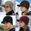 A collage showing men and women wearing cozy fleece-lined knit beanies with brims in various colors like olive green, brown, 