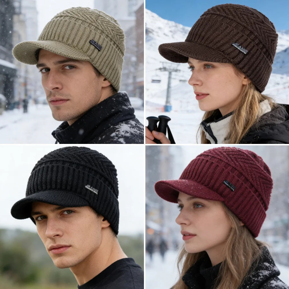 A collage showing men and women wearing cozy fleece-lined knit beanies with brims in various colors like olive green, brown, 