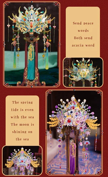 A collection of three ornate, colorful metal phoenix crown models displayed against a dark background.
