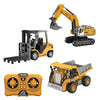 A set of 1:64 scale remote control construction toys including a yellow excavator, a yellow dump truck, and a remote control 