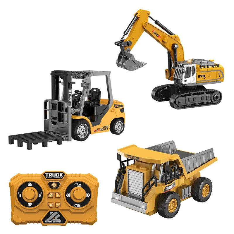 A set of 1:64 scale remote control construction toys including a yellow excavator, a yellow dump truck, and a remote control 