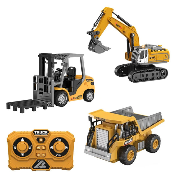 A set of 1:64 scale remote control construction toys including a yellow excavator, a yellow dump truck, and a remote control 
