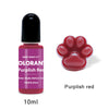 A small glass bottle of purple-red liquid pigment labeled Olorant Purplish Red with a paw print design.
