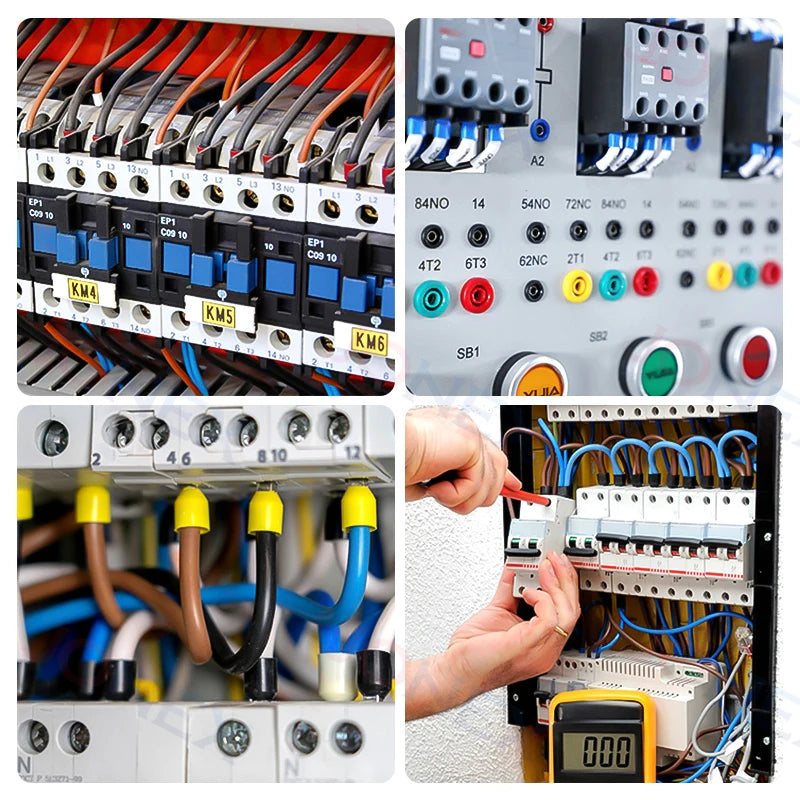 A collection of insulated tubular crimp terminals and electrical wiring components are shown in various close-up views.