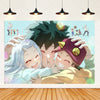 Anime style illustration of three characters smiling together against a light blue background