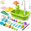 A green kids electric play sink featuring a frog dispenser and various plastic toys for water circulation and fishing games.
