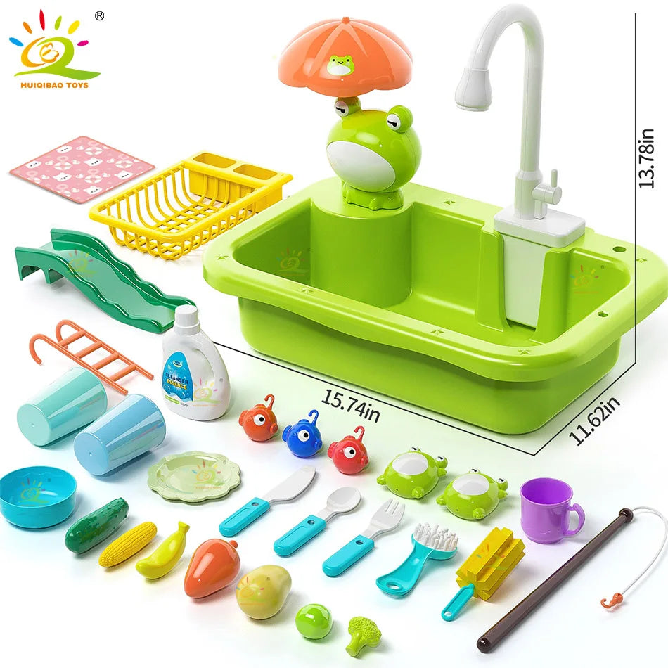 A green kids electric play sink featuring a frog dispenser and various plastic toys for water circulation and fishing games.