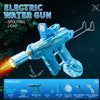 A blue electric water gun is shown, featuring a spotlight and various accessories like a scope, light, and battery.