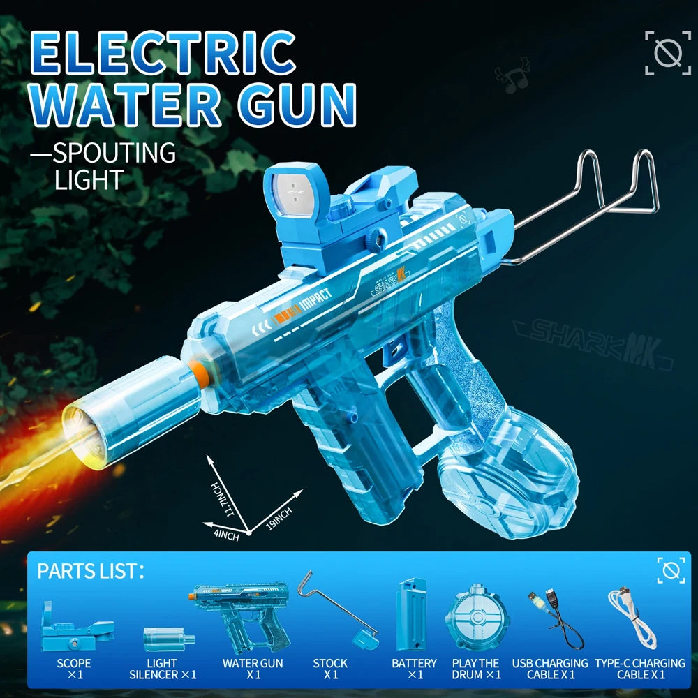 A blue electric water gun is shown, featuring a spotlight and various accessories like a scope, light, and battery.