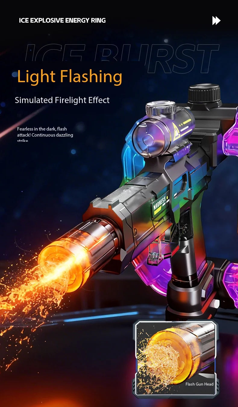 A close-up of an ice explosive energy ring product demonstrating a light flashing simulated firelight effect.