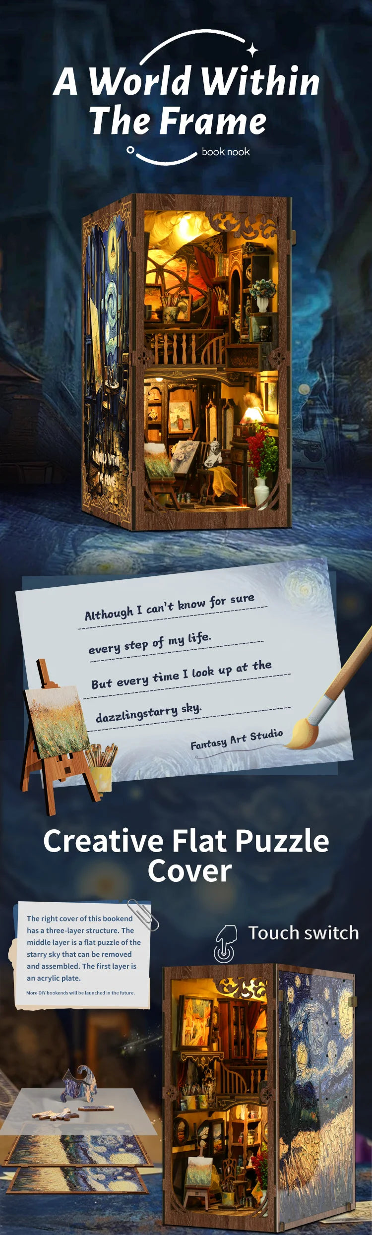 A flat puzzle cover for a wooden book nook featuring miniature figurines and detailed scenery.