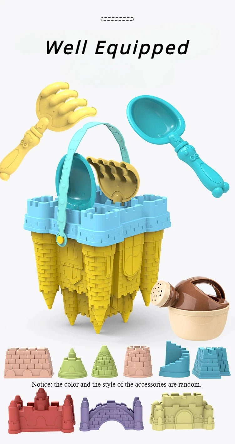 A set of yellow and blue plastic sand play accessories including a bucket, scoop, and various castle-shaped molds.