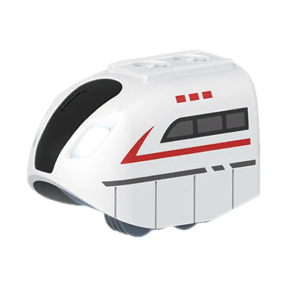 A white magnetic train engine model with black and red accents, shown from the side.