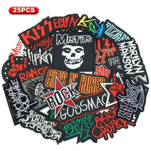 Set von 25 bestickten, stickstoffgebundenen Klebeflicken mit verschiedenen Designs aus Rock und Musik.