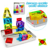 A set of colorful mini magnetic building blocks arranged neatly on a silver tray with instructions for organization.