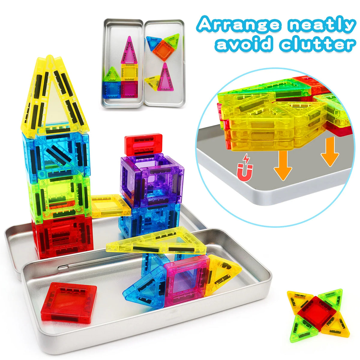 A set of colorful mini magnetic building blocks arranged neatly on a silver tray with instructions for organization.