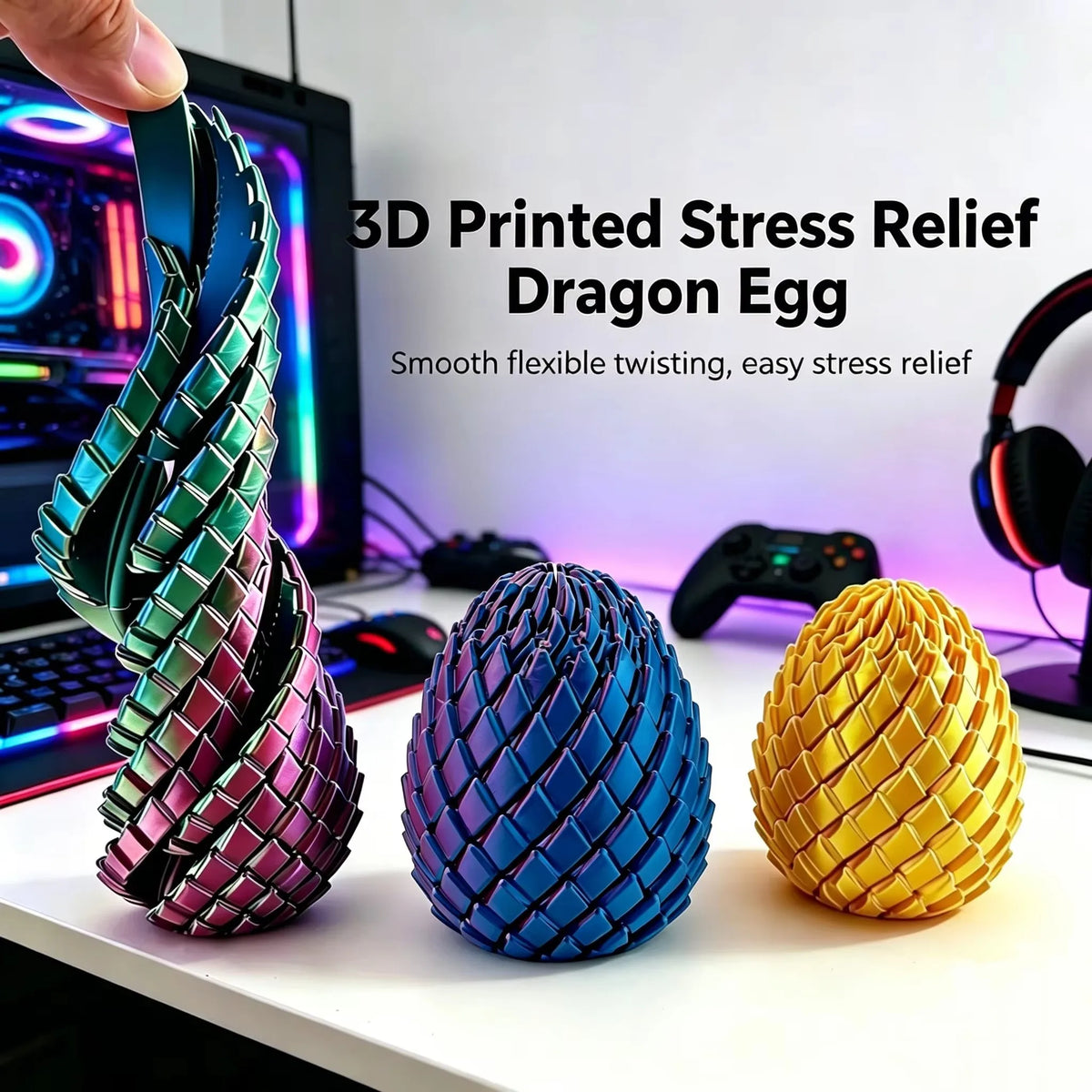 Three 3D printed dragon egg fidget spinners in purple, blue, and gold colors displayed on a white surface.