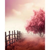 A pink-flowered tree stands behind a wooden fence in an orange field under a soft sky.
