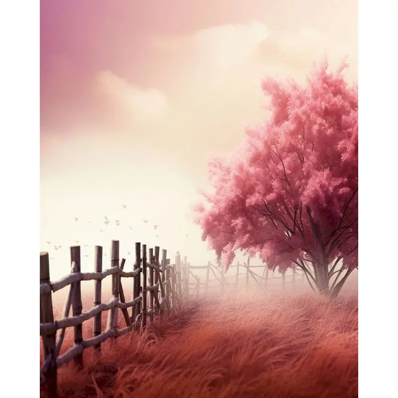 A pink-flowered tree stands behind a wooden fence in an orange field under a soft sky.