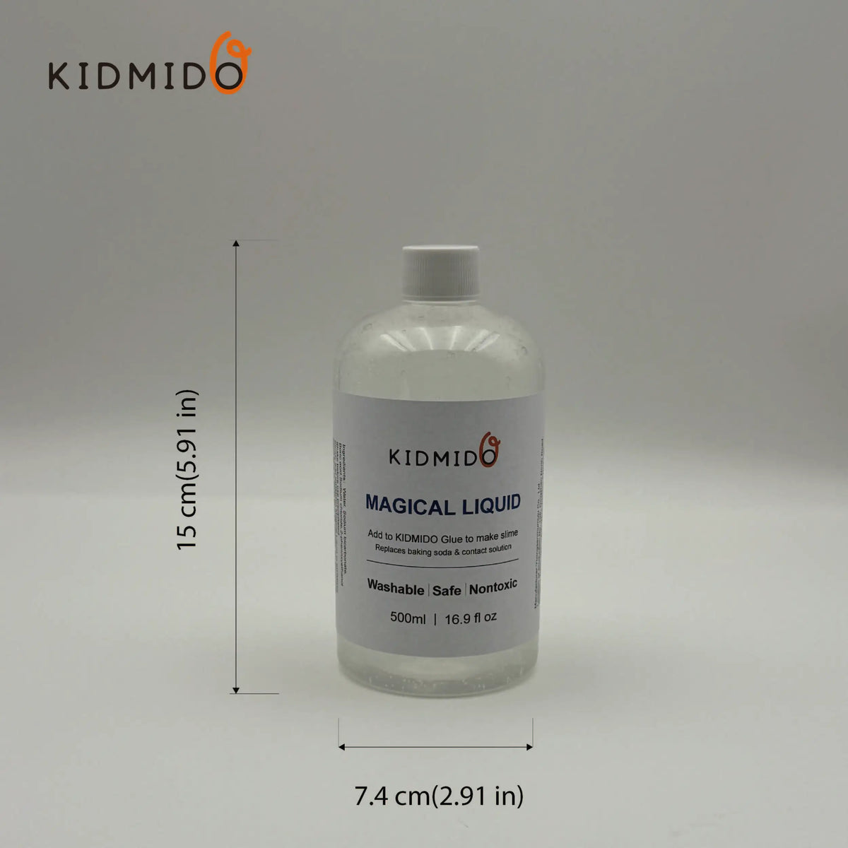 Klares Fläschchen mit KIDMIDO Magischem Flüssigkeit, 500ml, zum Kleben verwendet.