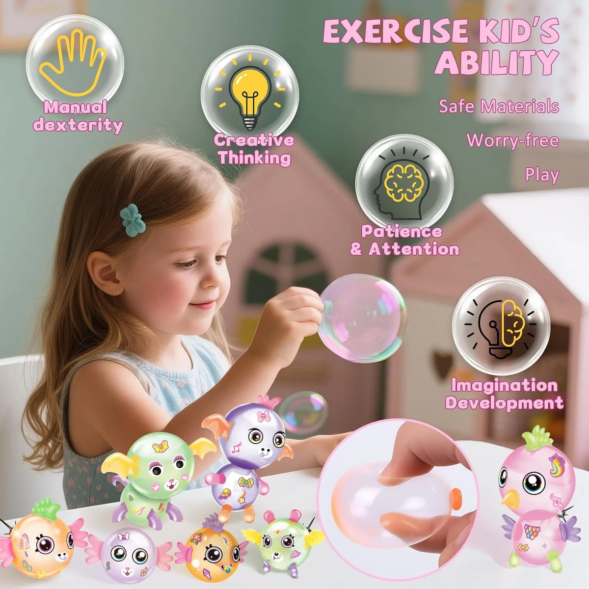 A young girl is shown using a DIY balloon animal craft kit for kids with various balloons and decorations.