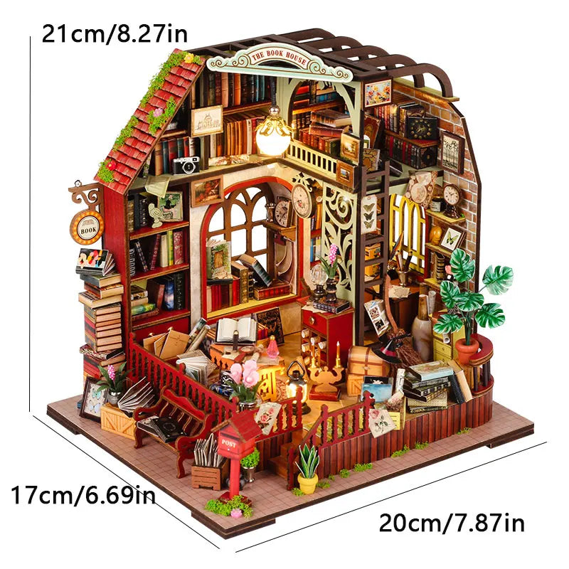 A wooden mini seaside villa dollhouse kit featuring furniture and detailed interior scenes.