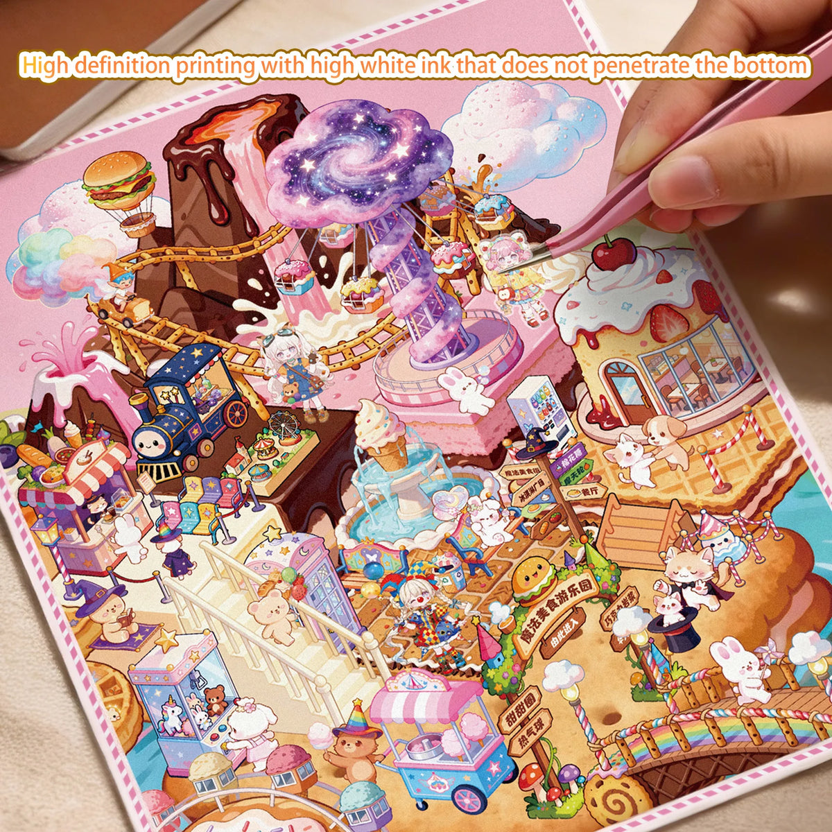 High definition printing of colorful 3D scenery stickers on a pink journal page