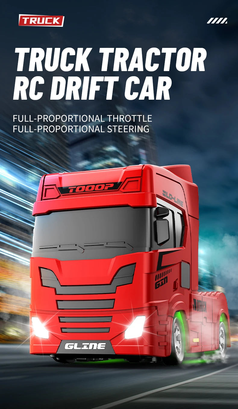A red truck tractor RC drift car is shown driving on a road with motion blur.