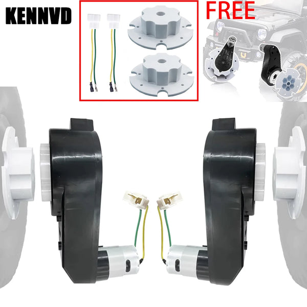 Black high-speed electric motor gearbox assembly for ride-on vehicles with electrical connectors.