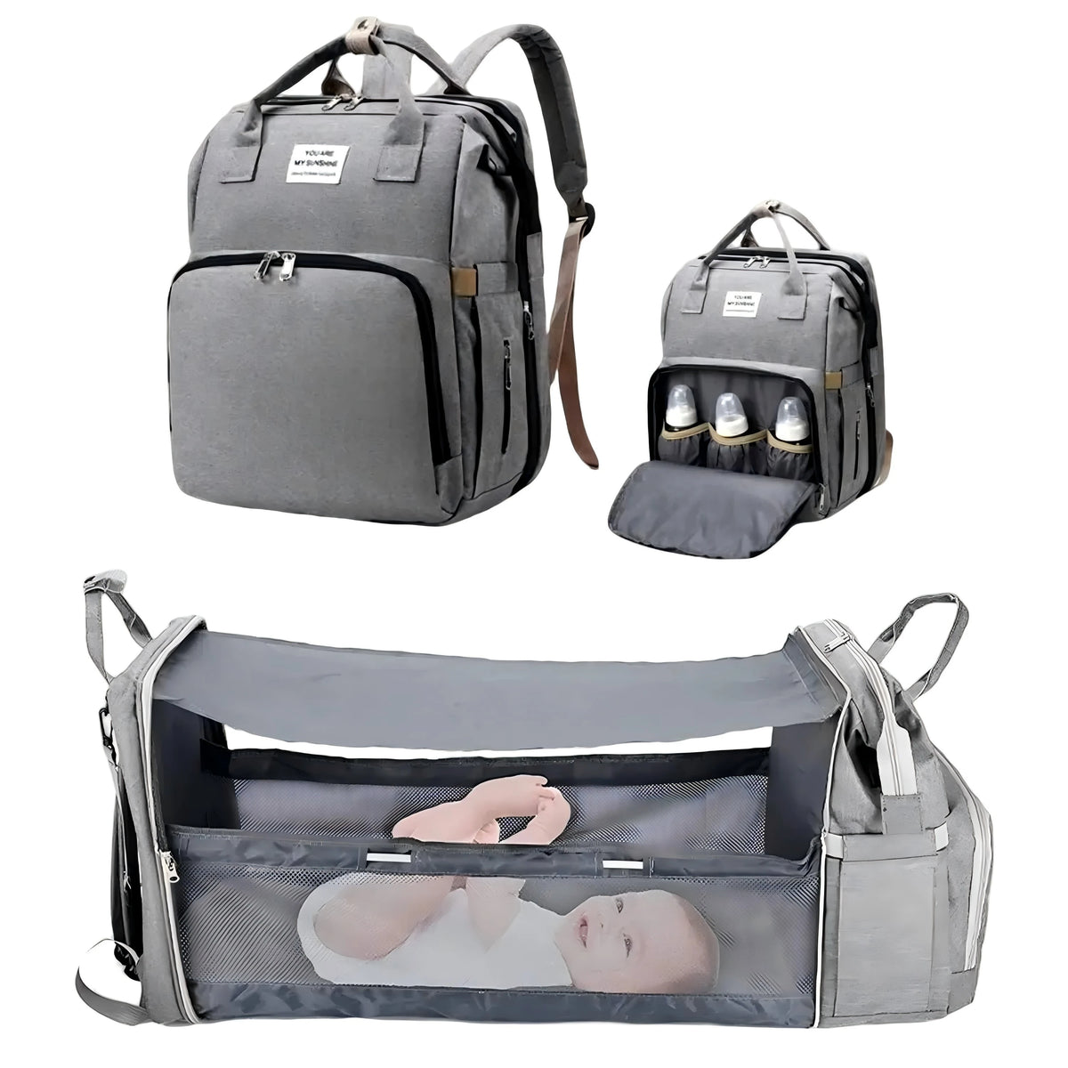 Graue faltbare Windeltasche Rucksack mit Innenansicht eines liegenden Babys