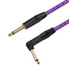 A black instrument guitar cable with a gold right-angle connector and a purple cord.