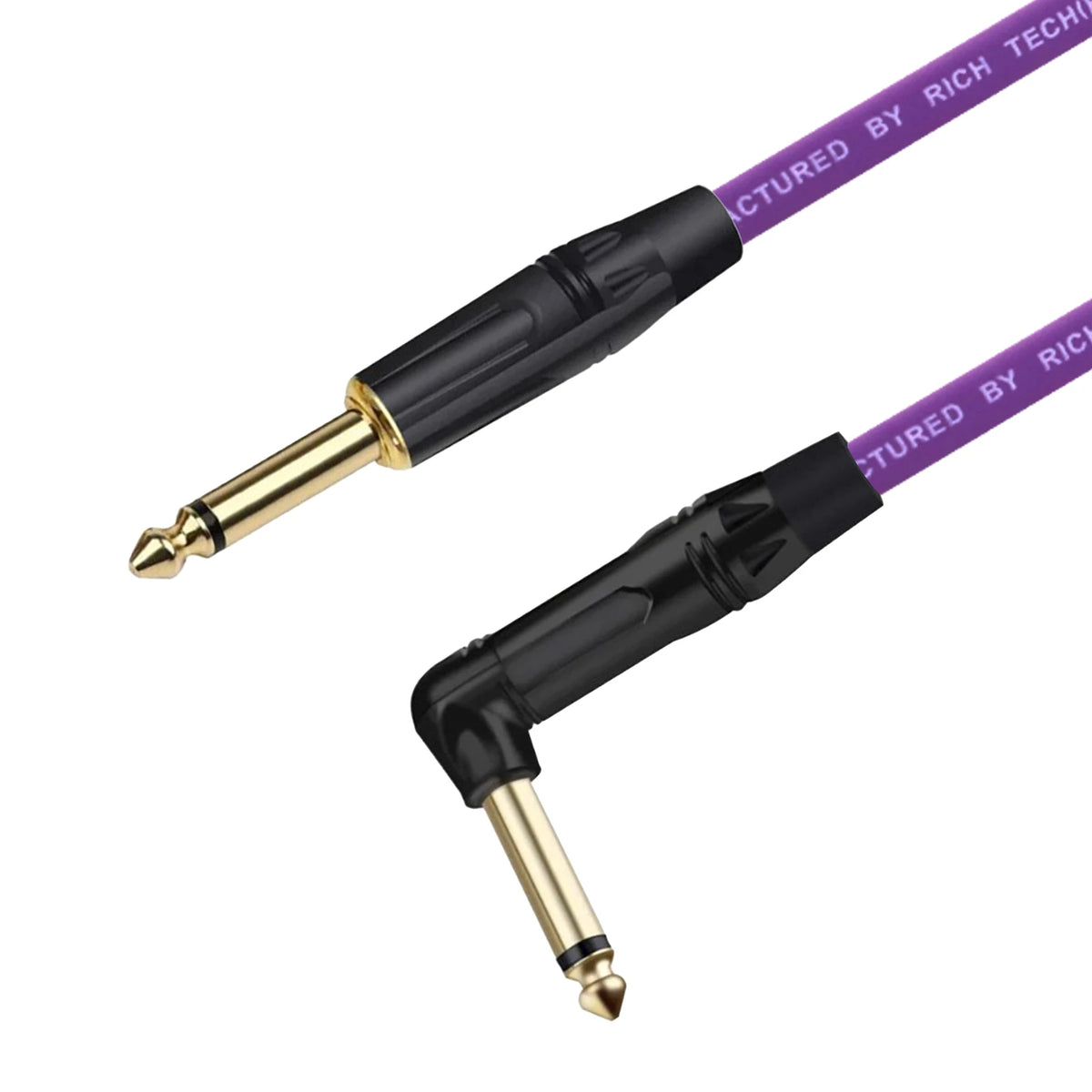 A black instrument guitar cable with a gold right-angle connector and a purple cord.