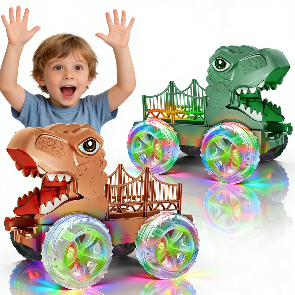 Dinosaur Monster Truck with Glowing LED Wheels – 2-Pack