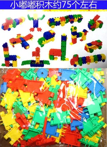 A large assortment of colorful plastic building blocks in various shapes and colors like red, yellow, green, blue, and orange