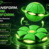 A green sports reaction training ball is shown transforming into a disc, highlighting its dual-form switch capability.