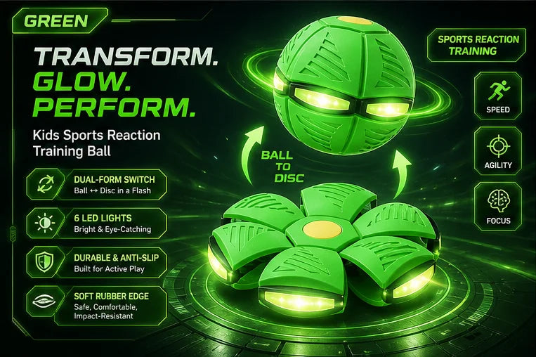 A green sports reaction training ball is shown transforming into a disc, highlighting its dual-form switch capability.