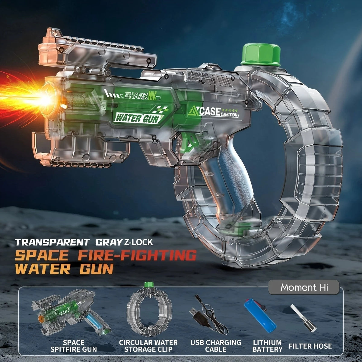 Transparent gray Z-lock space fire-fighting water gun with a circular storage clip and accessories