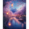 A painting of a purple landscape with pink cherry blossoms and traditional lanterns reflected in a calm canal.