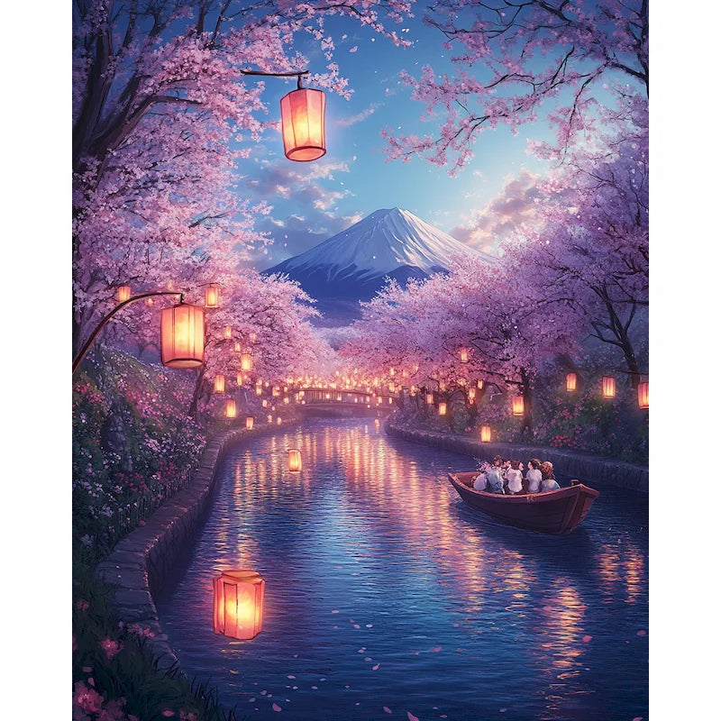 A painting of a purple landscape with pink cherry blossoms and traditional lanterns reflected in a calm canal.