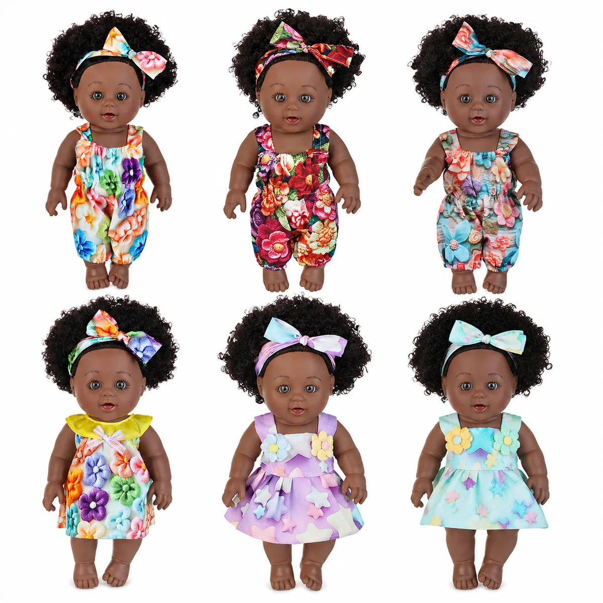 A set of four 12-inch realistic African American baby dolls wearing colorful floral outfits.
