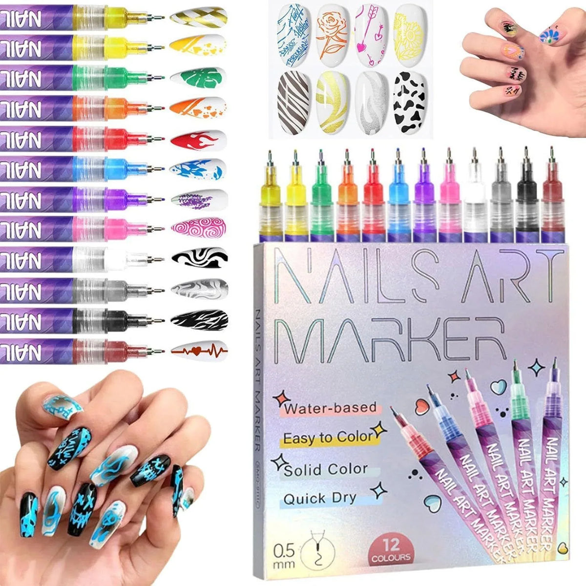 A set of 12 nail art markers in various colors and tips is displayed next to a box labeled Nails Art Marker.
