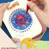 A hand is using a red pen to draw on a geometric spirograph drawing set inside a storage box.