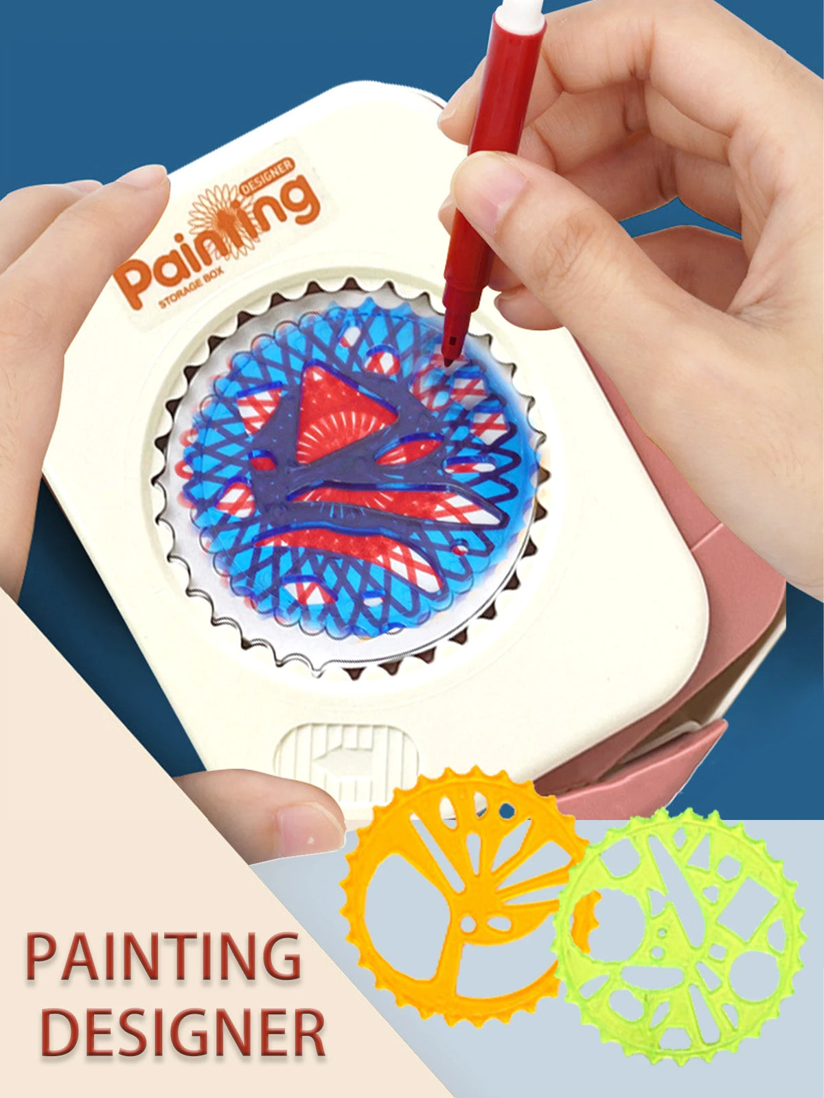 A hand is using a red pen to draw on a geometric spirograph drawing set inside a storage box.