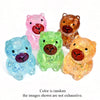 A collection of five transparent glitter squishy toys shaped like animals, including a pink pig, a brown bear, a green bear, 