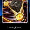 A close-up of a magnetic speed cube set with glowing golden elements and light beams.
