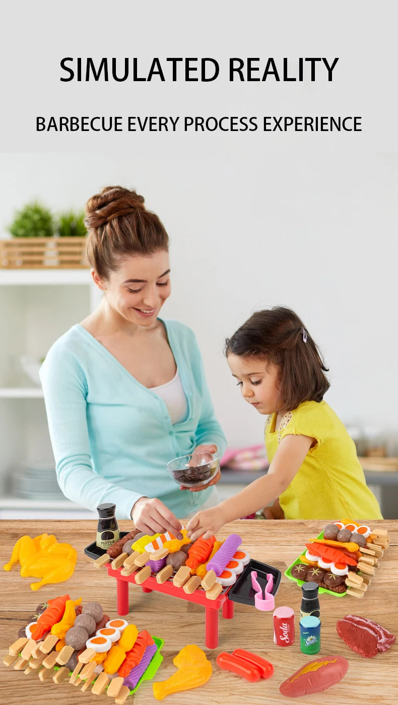 A woman is demonstrating a kids pretend play BBQ grill set with toy food on a wooden table.
