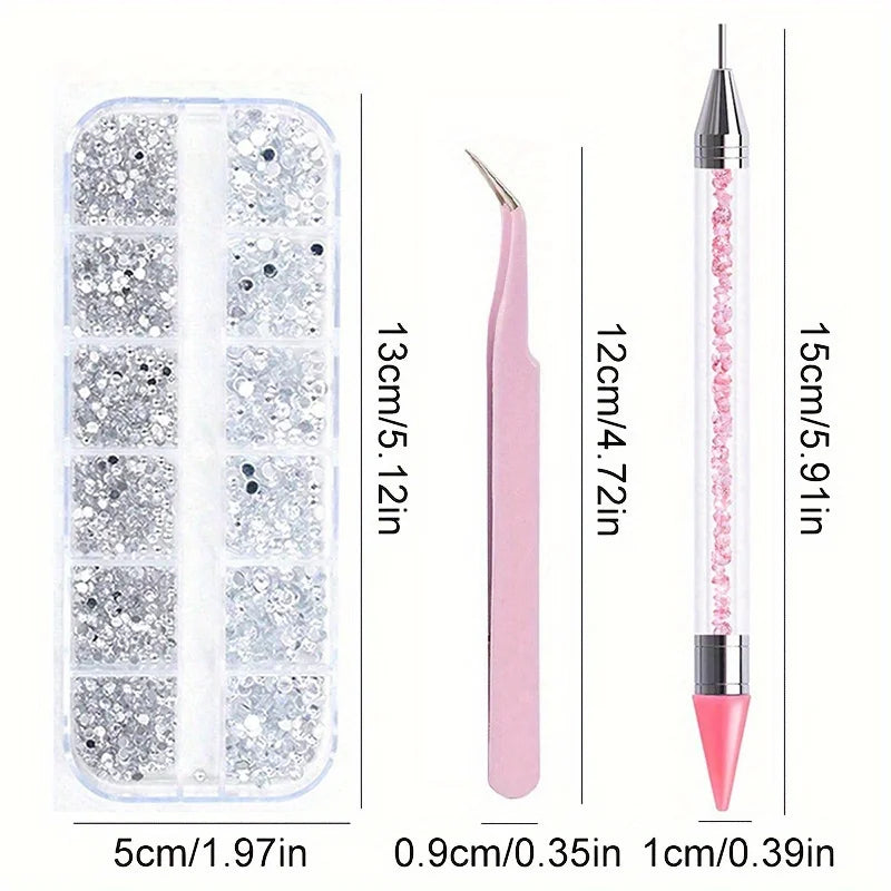 A set of multi-size flat back acrylic rhinestones in pink and clear for nail art and DIY crafts.