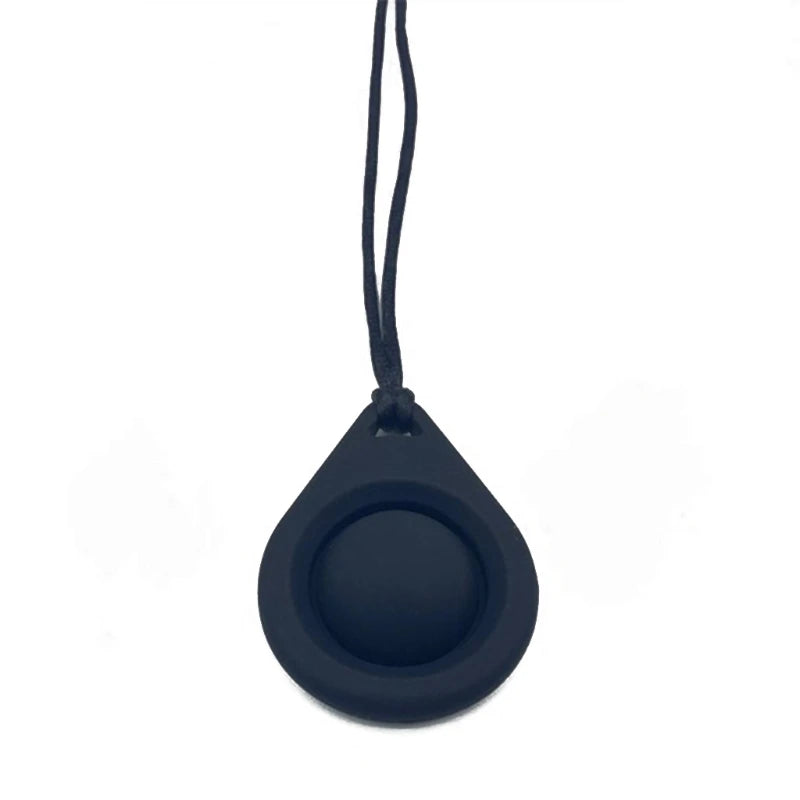 A dark blue silicone chew necklace with a black cord, designed for teething and sensory calming.