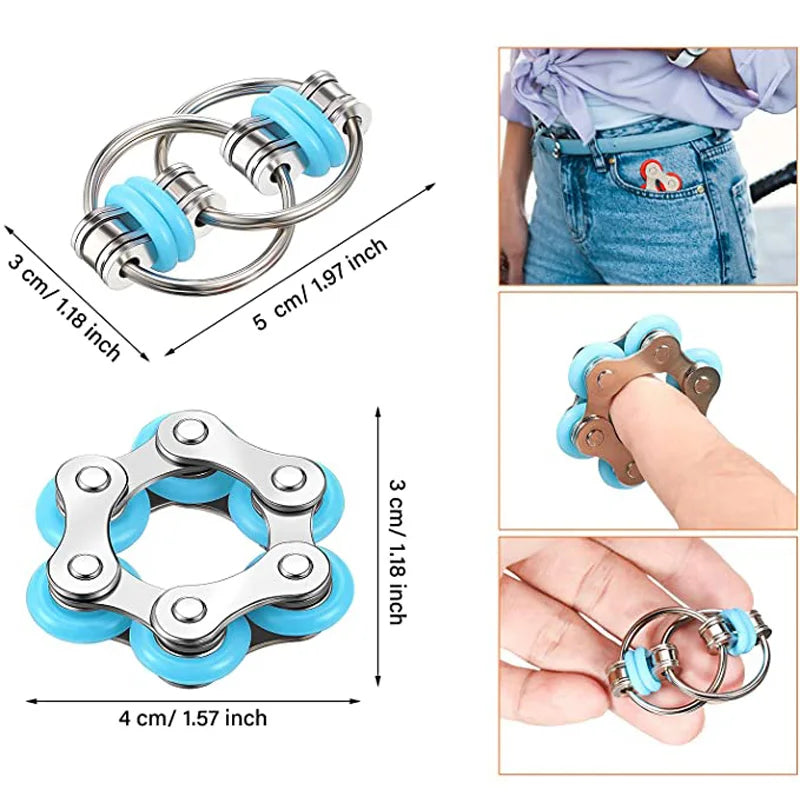 Silver and blue metal roller chain fidget toy for wrist or finger
