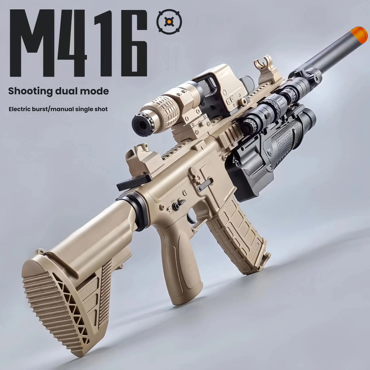 A tan M416 assault rifle with a dual shooting mode selector and an orange muzzle, shown in a studio setting.